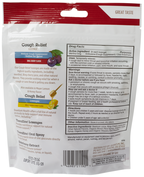 Quantum Health Organic Cough Relief Lozenges, Bing Cherry Oral Health Guru